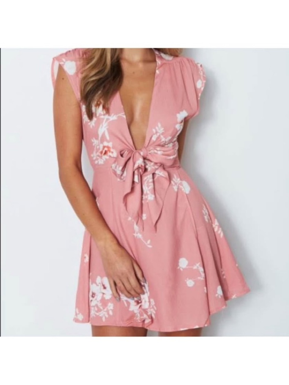 Pink Floral Tie-Front Mini Dress white fox boutique XS